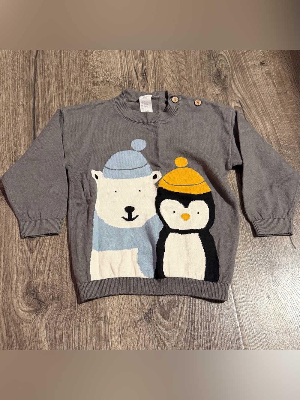 2t H&M Gray Knit Sweater with Polar Bear and Penguin 100% Cotton